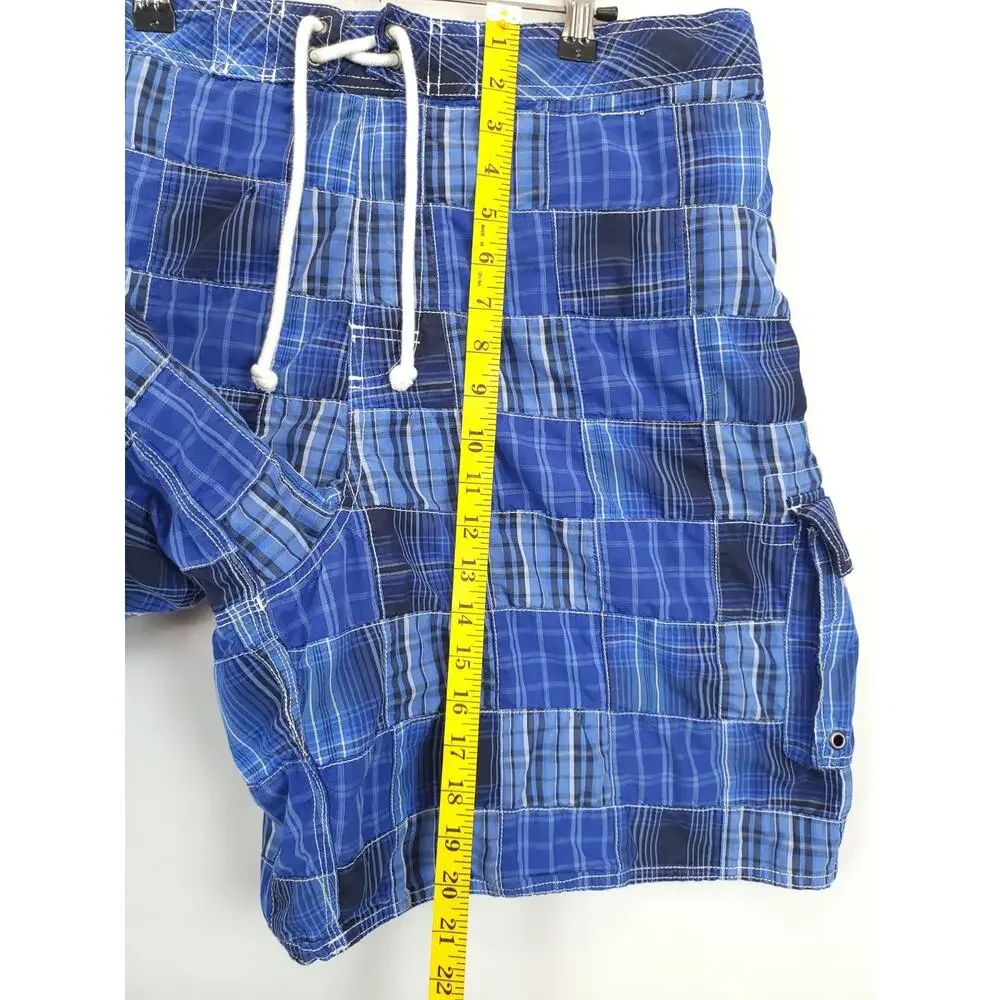 RoundTree & Yorke Cargo Board Shorts Blue Plaid Drawstring Mesh Lined Men XL